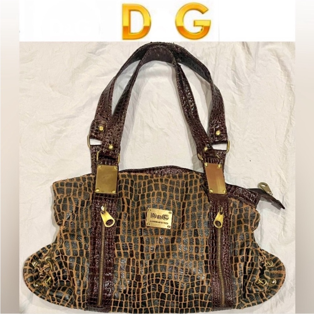 DG brown/black croc embossed animal print shoulder bag size 17x12 preloved cond